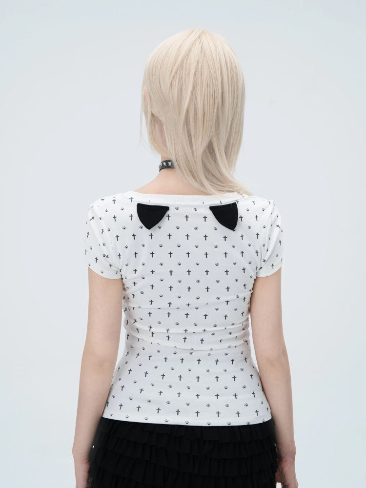 "Paw Prints Walking On Tiptoe" Cross U-Neck Short Sleeved T-Shirt【s0000013583】