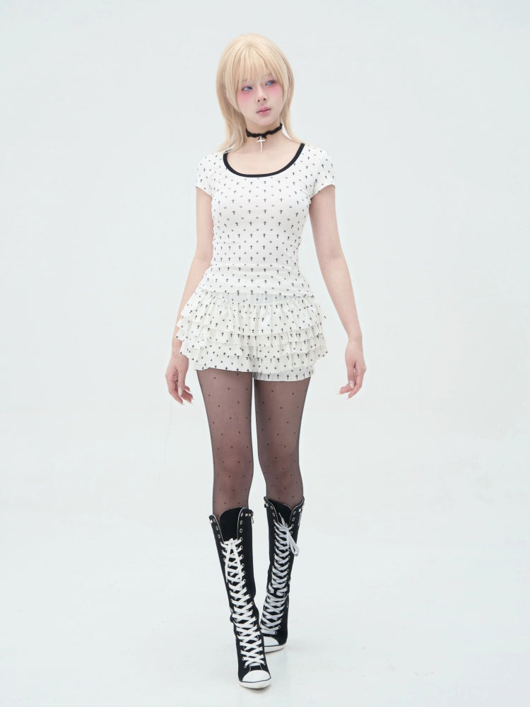 "Paw Prints Walking On Tiptoe" Cross U-Neck Short Sleeved T-Shirt【s0000013583】