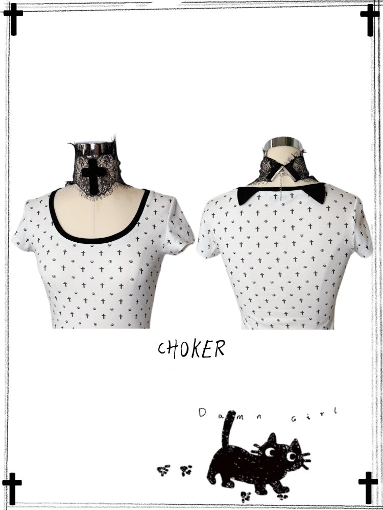 "Paw Prints Walking On Tiptoe" Cross U-Neck Short Sleeved T-Shirt【s0000013583】