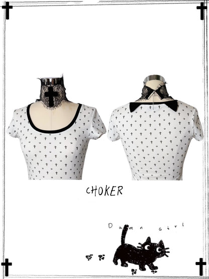 "Paw Prints Walking On Tiptoe" Cross U-Neck Short Sleeved T-Shirt【s0000013583】