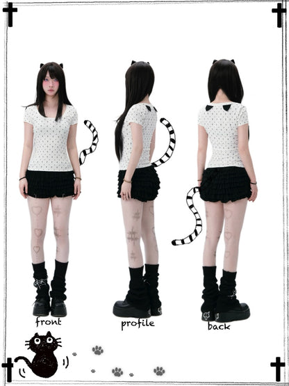 "Paw Prints Walking On Tiptoe" Cross U-Neck Short Sleeved T-Shirt【s0000013583】