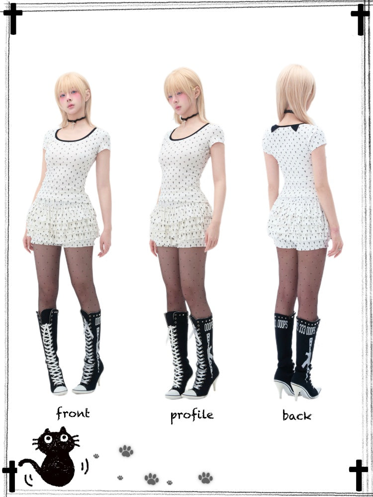 "Paw Prints Walking On Tiptoe" Cross U-Neck Short Sleeved T-Shirt【s0000013583】