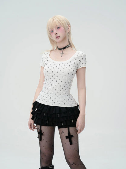 "Paw Prints Walking On Tiptoe" Cross U-Neck Short Sleeved T-Shirt【s0000013583】