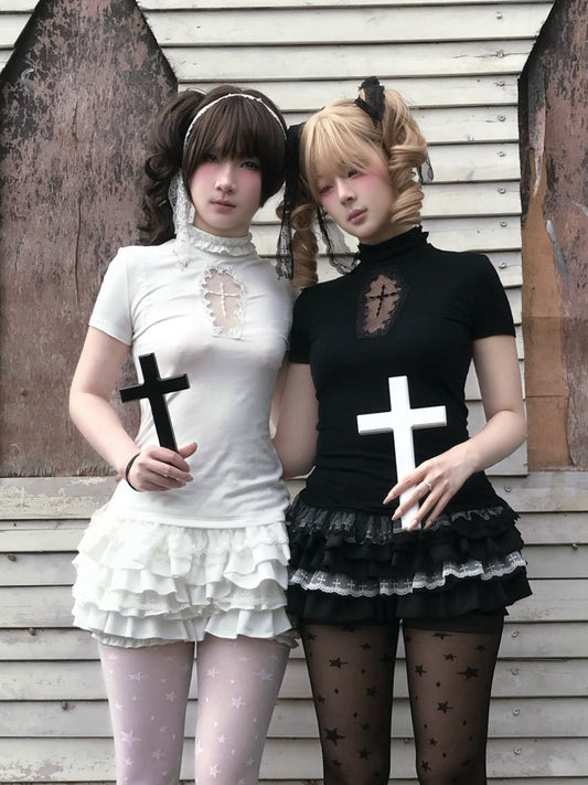 Cross Stitch Doll Gothic Cut-Out T-Shirt & Cake Pumpkin Pants【s0000013584】