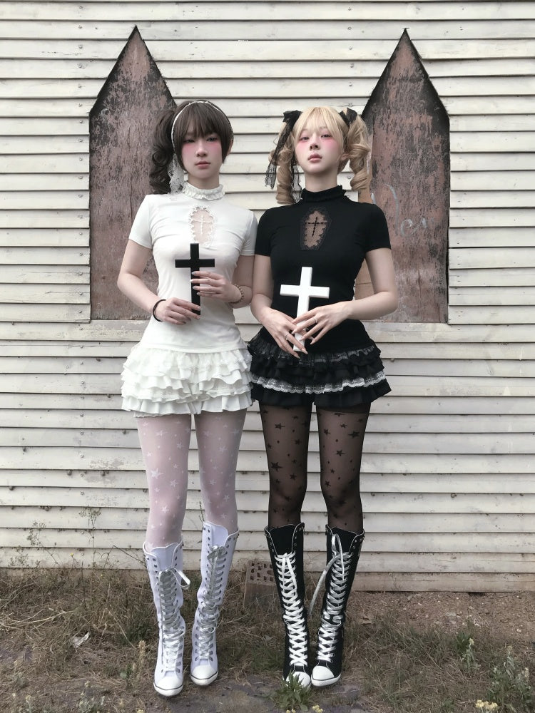 Cross Stitch Doll Gothic Cut-Out T-Shirt & Cake Pumpkin Pants【s0000013584】