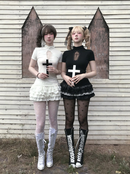 Cross Stitch Doll Gothic Cut-Out T-Shirt & Cake Pumpkin Pants【s0000013584】