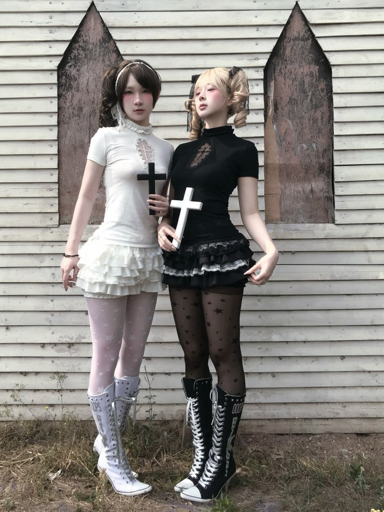 Cross Stitch Doll Gothic Cut-Out T-Shirt & Cake Pumpkin Pants【s0000013584】