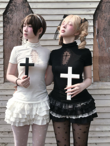 Cross Stitch Doll Gothic Cut-Out T-Shirt & Cake Pumpkin Pants【s0000013584】
