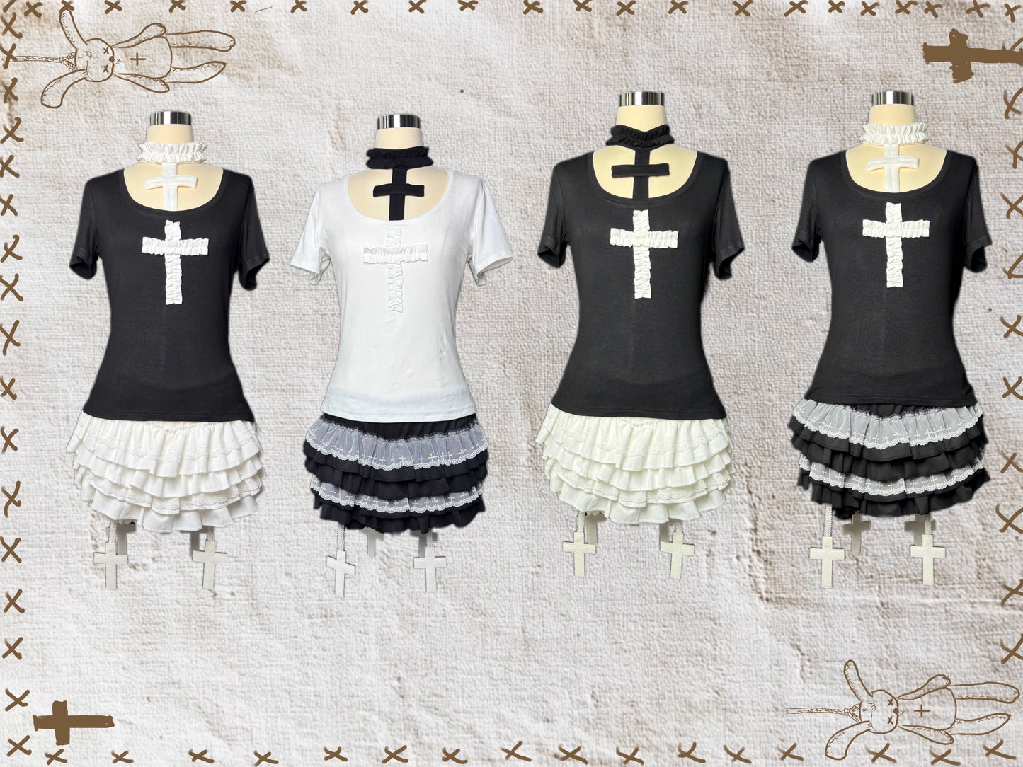 Rag Doll Bunny Original Gothic Cross Halter Neck T-Shirt & Cake Pumpkin Pants【s0000013585】