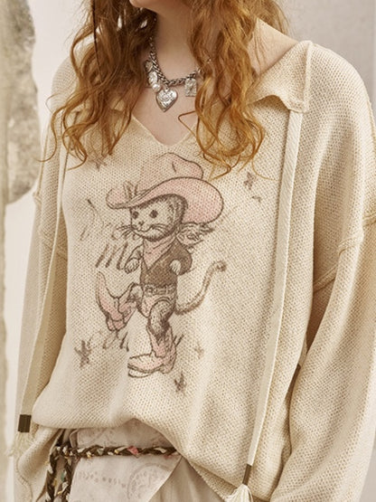 Ribbon Tie Cowboy Cat Knit Pullover【s0000013765】