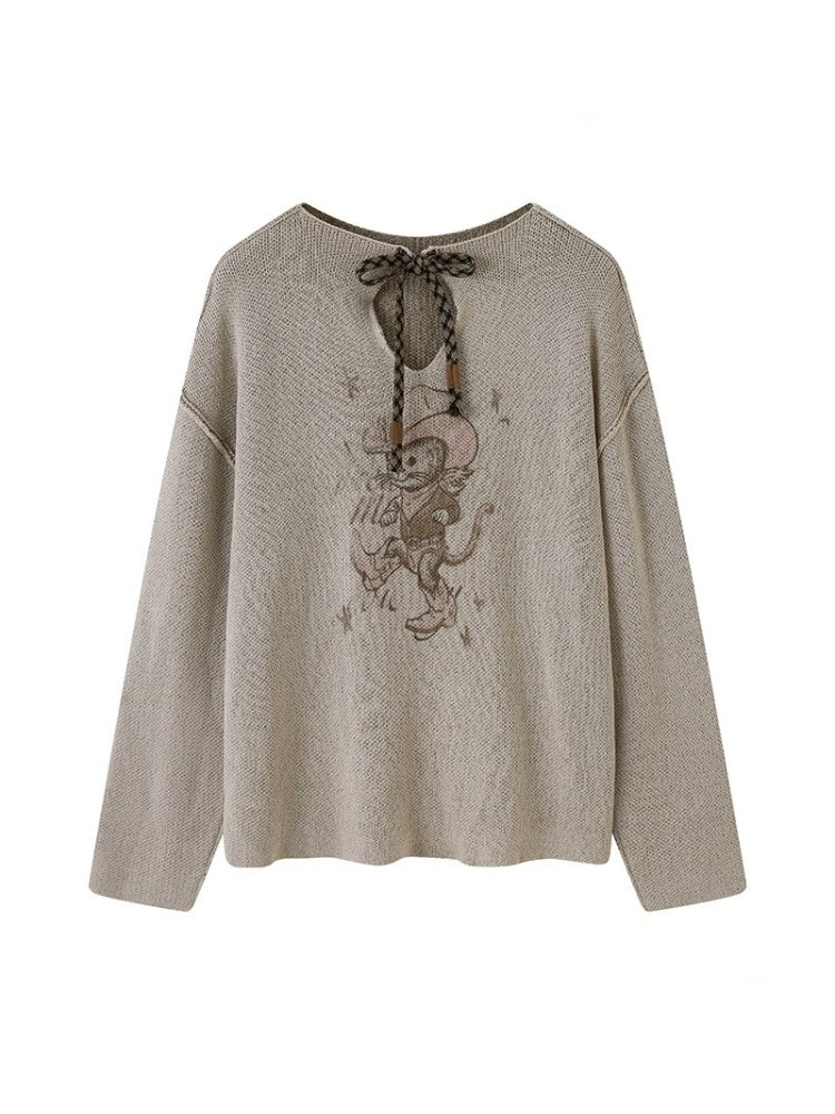 Ribbon Tie Cowboy Cat Knit Pullover【s0000013765】