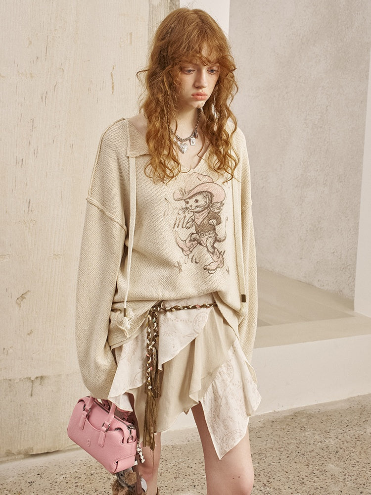 Ribbon Tie Cowboy Cat Knit Pullover【s0000013765】