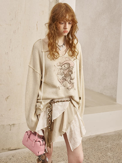 Ribbon Tie Cowboy Cat Knit Pullover【s0000013765】