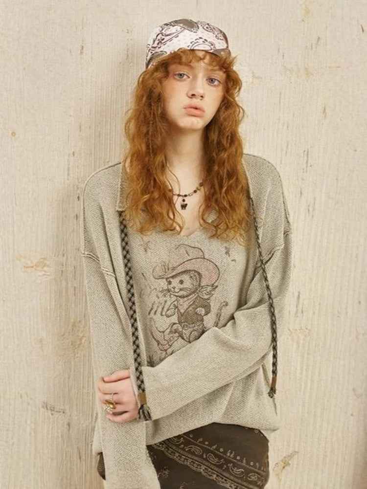 Ribbon Tie Cowboy Cat Knit Pullover【s0000013765】