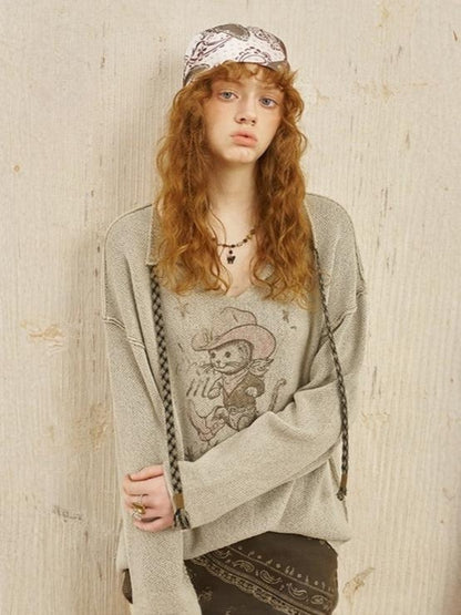 Ribbon Tie Cowboy Cat Knit Pullover【s0000013765】