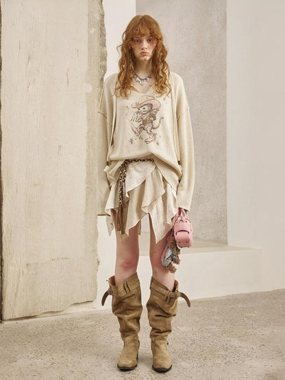 Ribbon Tie Cowboy Cat Knit Pullover【s0000013765】
