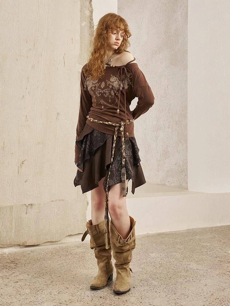 Bohemian Vintage Totem Print Slanted Shoulder Beaded Long Sleeve Slim Fit Thin Pullover Knit【s0000013766】