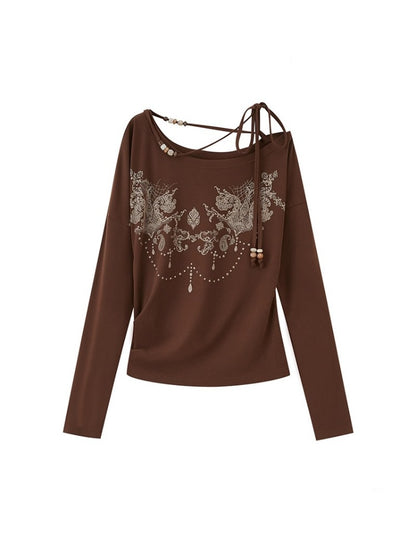 Bohemian Vintage Totem Print Slanted Shoulder Beaded Long Sleeve Slim Fit Thin Pullover Knit【s0000013766】