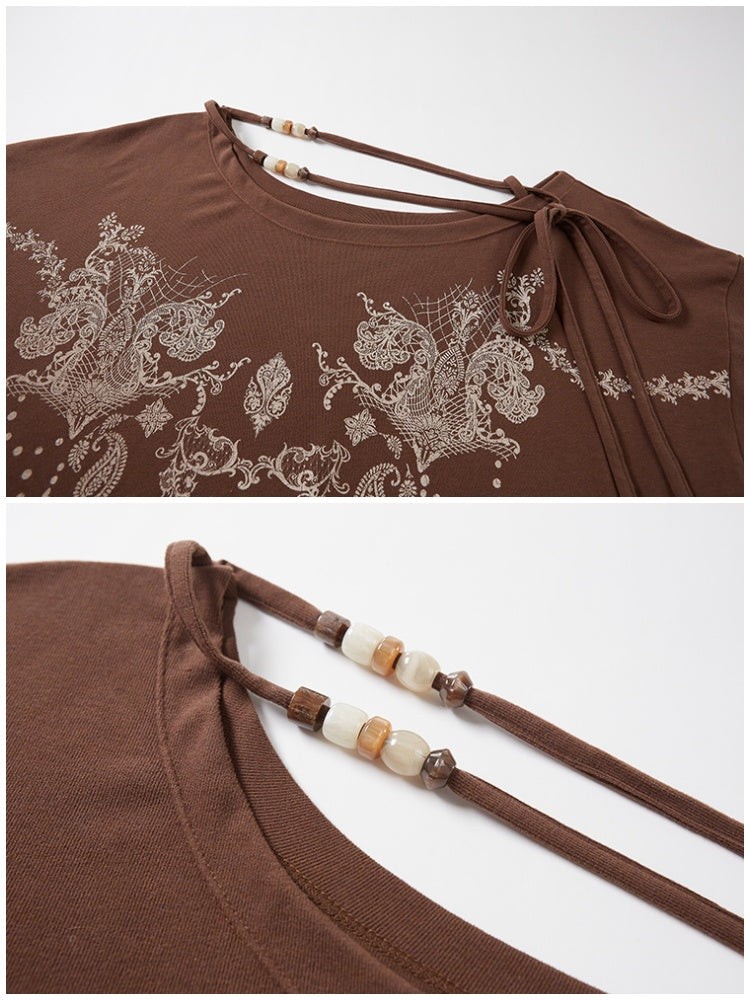 Bohemian Vintage Totem Print Slanted Shoulder Beaded Long Sleeve Slim Fit Thin Pullover Knit【s0000013766】