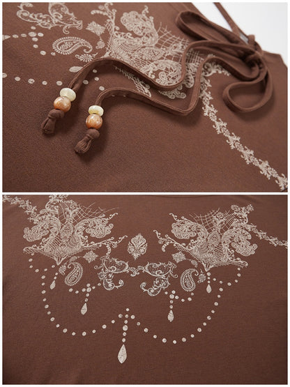 Bohemian Vintage Totem Print Slanted Shoulder Beaded Long Sleeve Slim Fit Thin Pullover Knit【s0000013766】