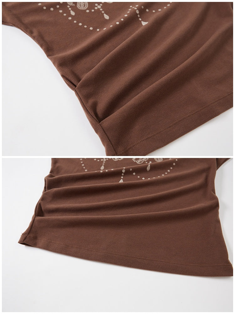 Bohemian Vintage Totem Print Slanted Shoulder Beaded Long Sleeve Slim Fit Thin Pullover Knit【s0000013766】