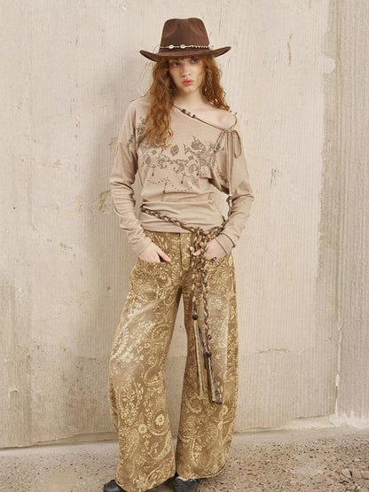 Bohemian Vintage Totem Print Slanted Shoulder Beaded Long Sleeve Slim Fit Thin Pullover Knit【s0000013766】