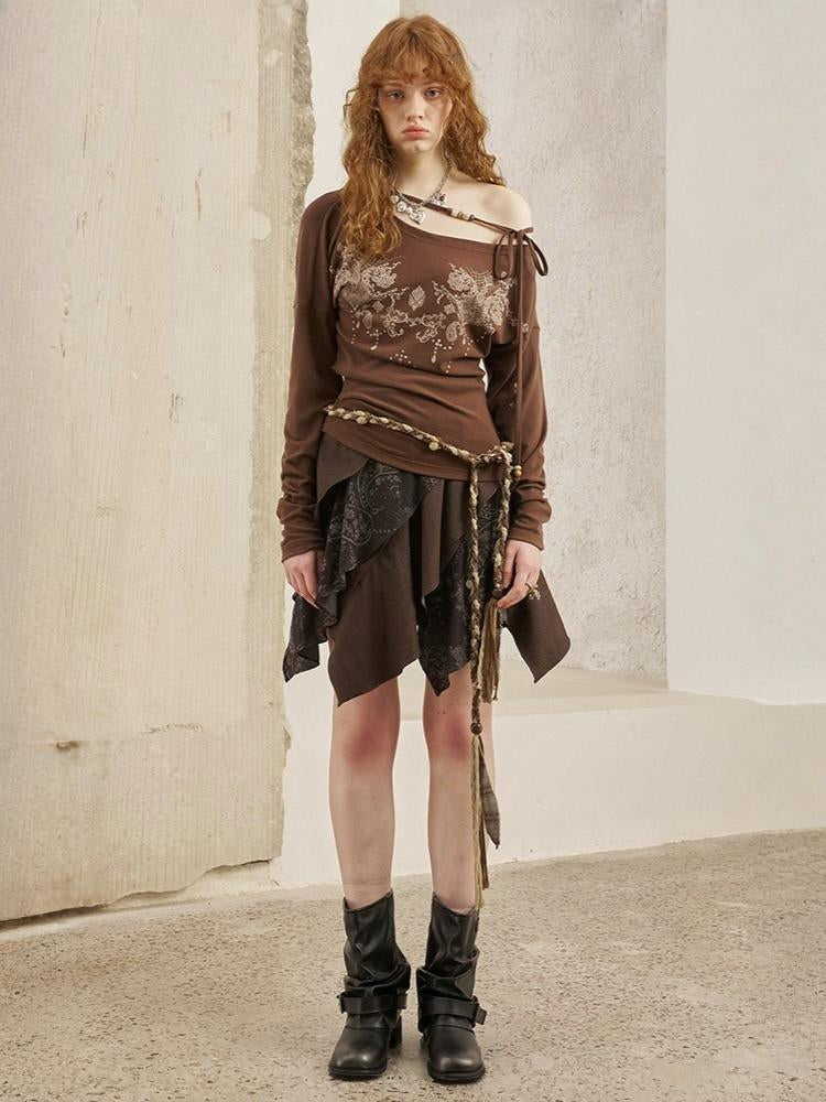 Bohemian Vintage Totem Print Slanted Shoulder Beaded Long Sleeve Slim Fit Thin Pullover Knit【s0000013766】
