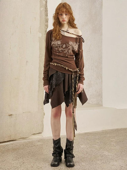 Bohemian Vintage Totem Print Slanted Shoulder Beaded Long Sleeve Slim Fit Thin Pullover Knit【s0000013766】