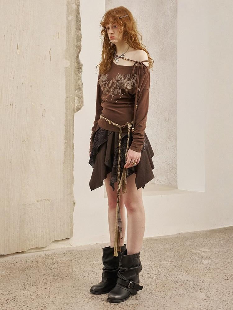 Bohemian Vintage Totem Print Slanted Shoulder Beaded Long Sleeve Slim Fit Thin Pullover Knit【s0000013766】