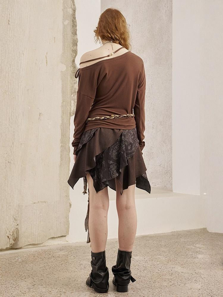 Bohemian Vintage Totem Print Slanted Shoulder Beaded Long Sleeve Slim Fit Thin Pullover Knit【s0000013766】