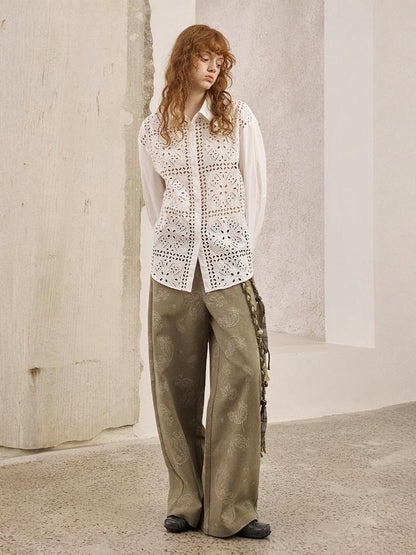 Paisley Embroidered Straight High-Waisted Wide-Leg Pants【s0000013767】