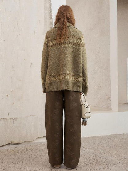 Paisley Embroidered Straight High-Waisted Wide-Leg Pants【s0000013767】