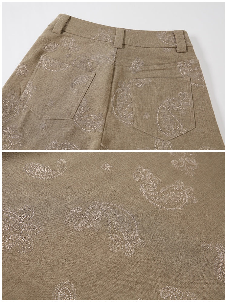 Paisley Embroidered Straight High-Waisted Wide-Leg Pants【s0000013767】