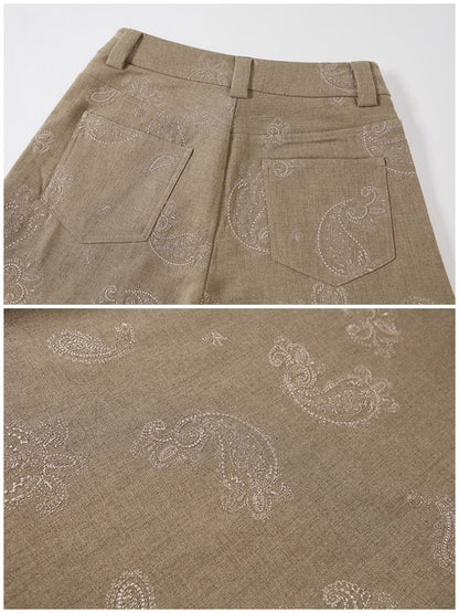 Paisley Embroidered Straight High-Waisted Wide-Leg Pants【s0000013767】