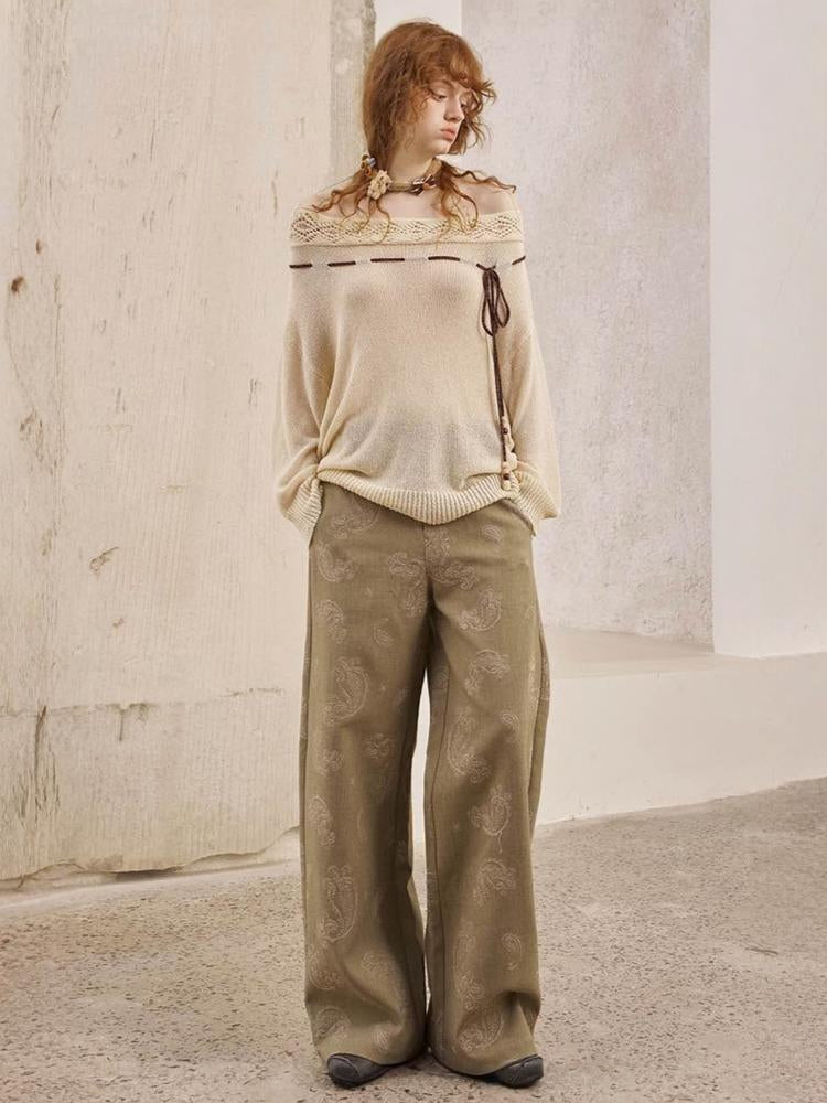 Paisley Embroidered Straight High-Waisted Wide-Leg Pants【s0000013767】