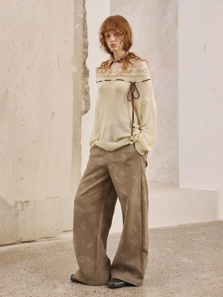Paisley Embroidered Straight High-Waisted Wide-Leg Pants【s0000013767】