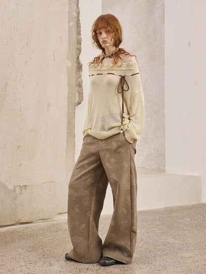 Paisley Embroidered Straight High-Waisted Wide-Leg Pants【s0000013767】