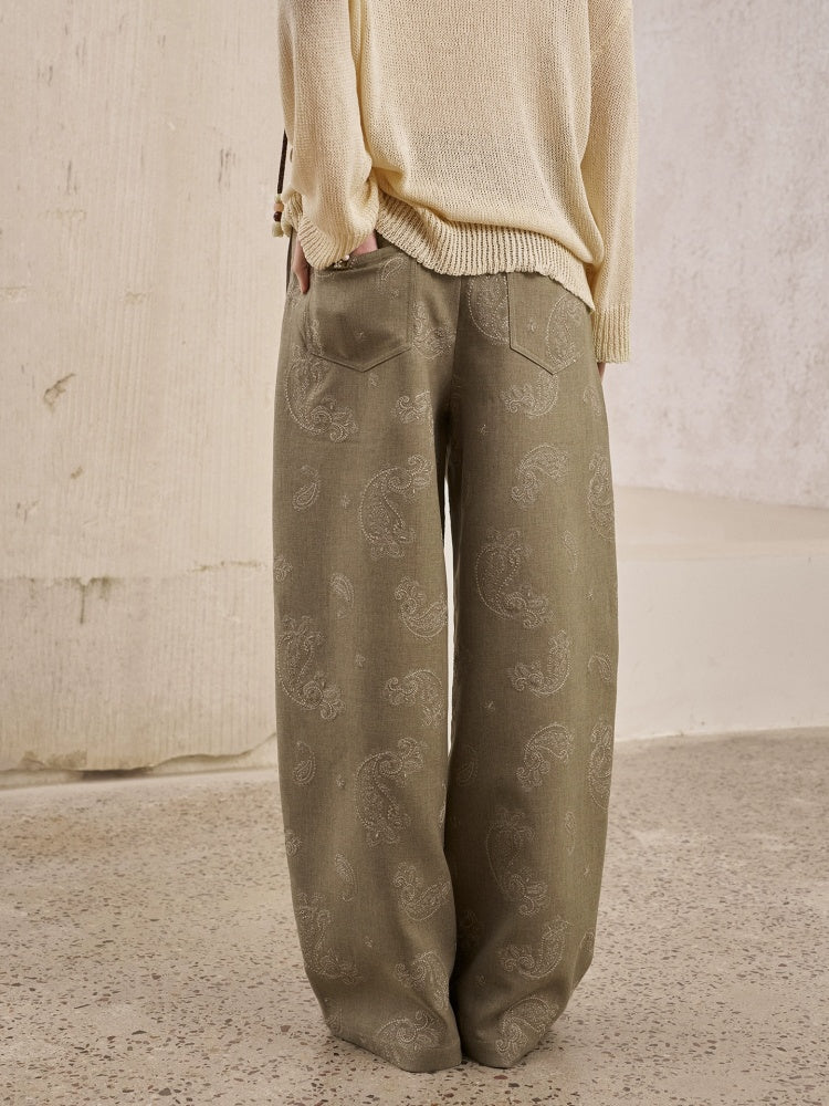 Paisley Embroidered Straight High-Waisted Wide-Leg Pants【s0000013767】