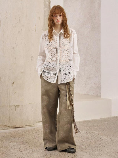 Paisley Embroidered Straight High-Waisted Wide-Leg Pants【s0000013767】