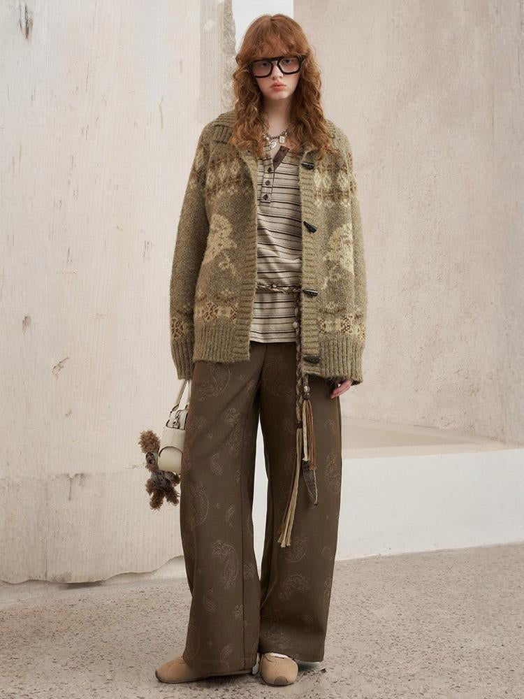 Paisley Embroidered Straight High-Waisted Wide-Leg Pants【s0000013767】