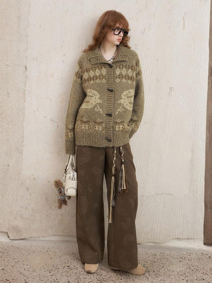 Paisley Embroidered Straight High-Waisted Wide-Leg Pants【s0000013767】
