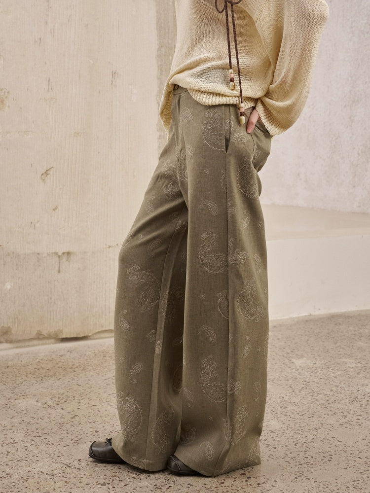 Paisley Embroidered Straight High-Waisted Wide-Leg Pants【s0000013767】