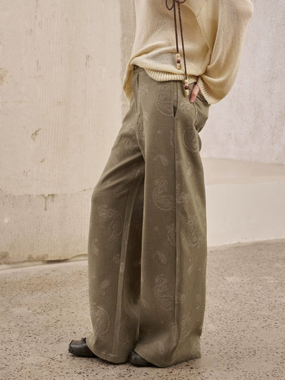 Paisley Embroidered Straight High-Waisted Wide-Leg Pants【s0000013767】