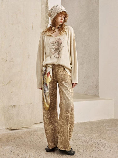 Vintage Paisley Print Washed Aged Straight Wide-Leg Pants【s0000013769】