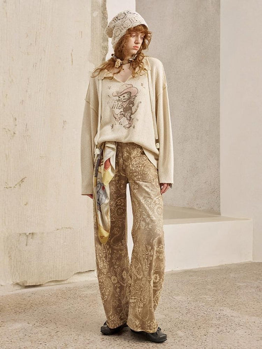 Vintage Paisley Print Washed Aged Straight Wide-Leg Pants【s0000013769】