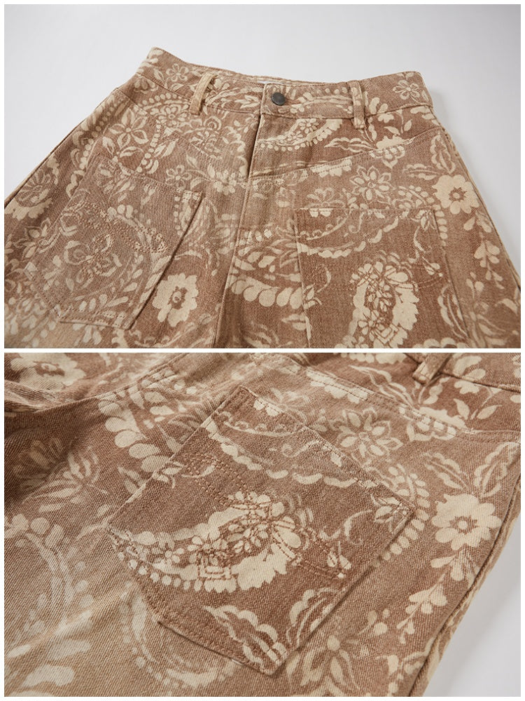 ソラ Vintage Paisley Print Washed Aged Straight Wide-Leg Pants
