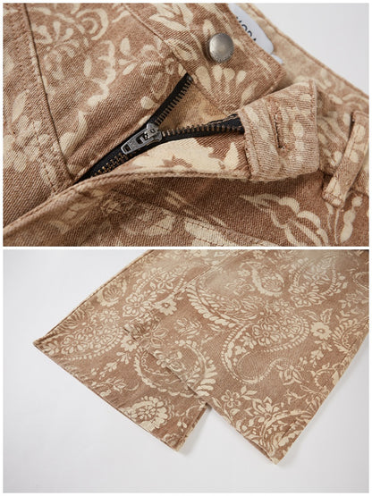 Vintage Paisley Print Washed Aged Straight Wide-Leg Pants【s0000013769】