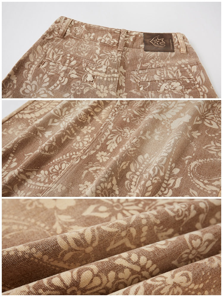 Vintage Paisley Print Washed Aged Straight Wide-Leg Pants【s0000013769】