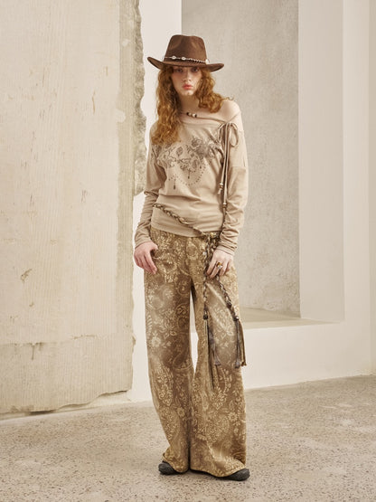 Vintage Paisley Print Washed Aged Straight Wide-Leg Pants【s0000013769】