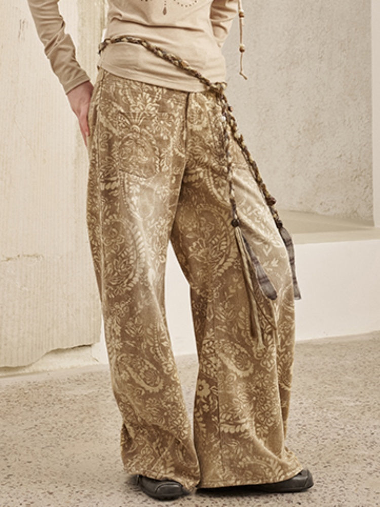 Vintage Paisley Print Washed Aged Straight Wide-Leg Pants【s0000013769】